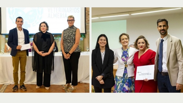 En la fotografía de la izquierda, Ignacio García Bocanegra y Maria Ángeles Risalde  (en la izquierda y centro) recogiendo el premio ‘Francisco Fernández López’. En la fotografía de la derecha, Maria Ángeles Risalde y Javier Caballero (las dos personas de la derecha) recogiendo el premio ‘Francisco de la Reyna’ del Colegio Oficial de Veterinarios de Zamora